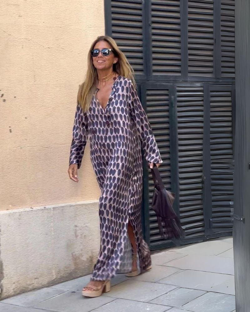 Ottilie | Women's Cotton Geo Print Long-Sleeve V-Neck Maxi Dress