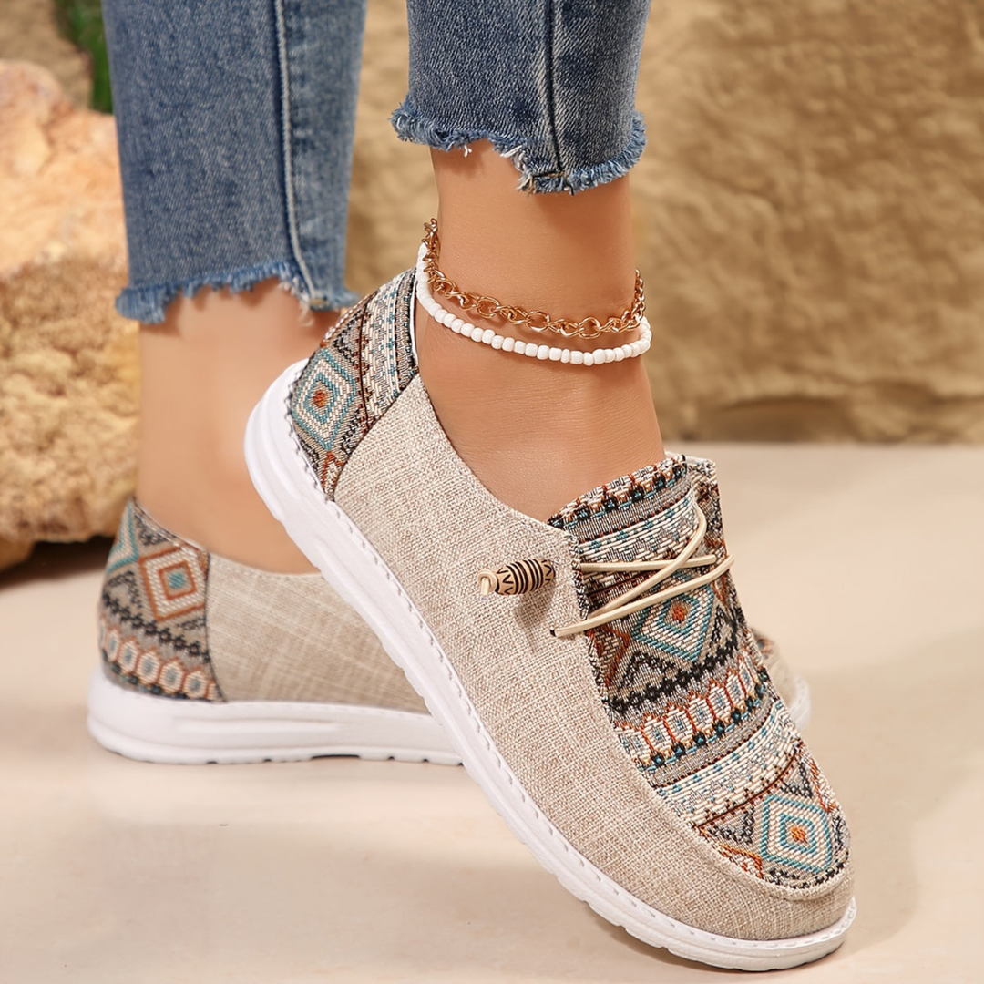 Ottilie | Women's Khaki Canvas Aztec Print Slip-On Sneakers