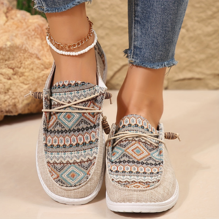 Ottilie | Women's Khaki Canvas Aztec Print Slip-On Sneakers