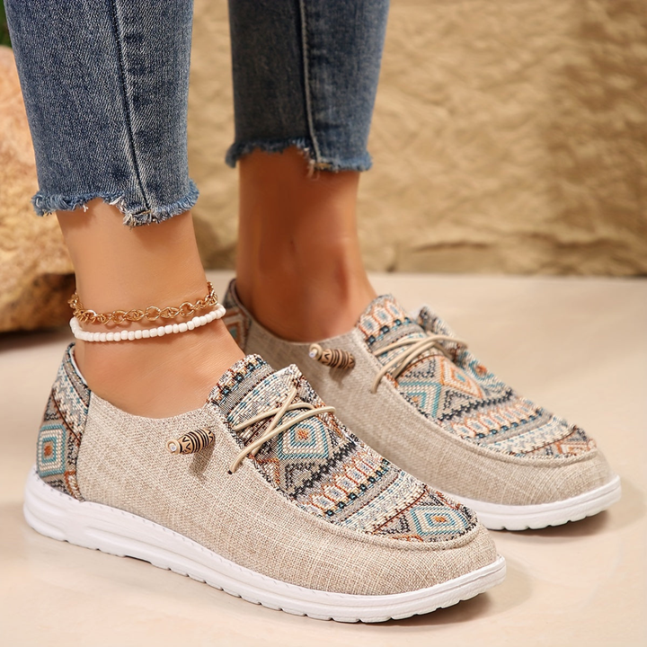 Ottilie | Women's Khaki Canvas Aztec Print Slip-On Sneakers