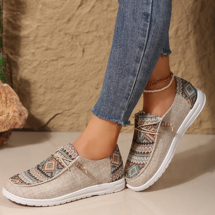 Ottilie | Women's Khaki Canvas Aztec Print Slip-On Sneakers