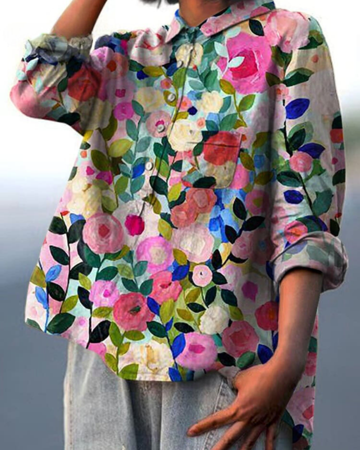Ottilie | Women's Linen Artistic Print Oversized Button-Down Shirt