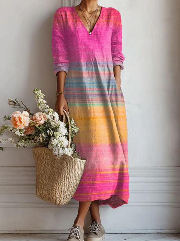 Paloma | Women's Linen V-Neck Ombre Stripe Maxi Dress