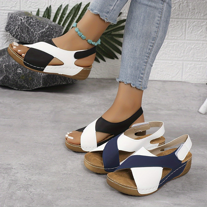 Paxton | Women's Leather Colourblock Cross-Strap Wedge Sandals