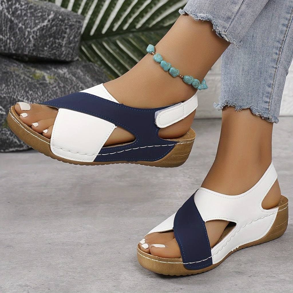 Paxton | Women's Leather Colourblock Cross-Strap Wedge Sandals