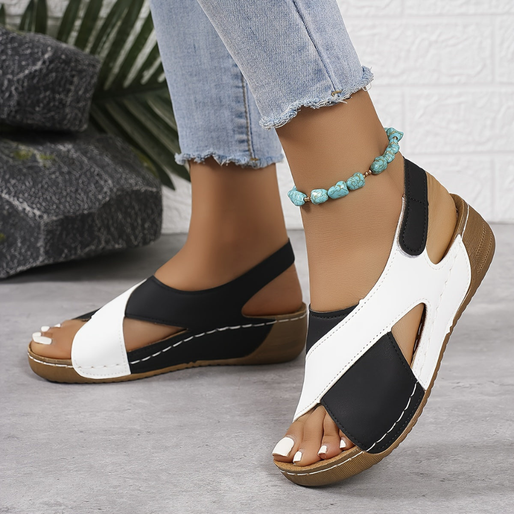 Paxton | Women's Leather Colourblock Cross-Strap Wedge Sandals