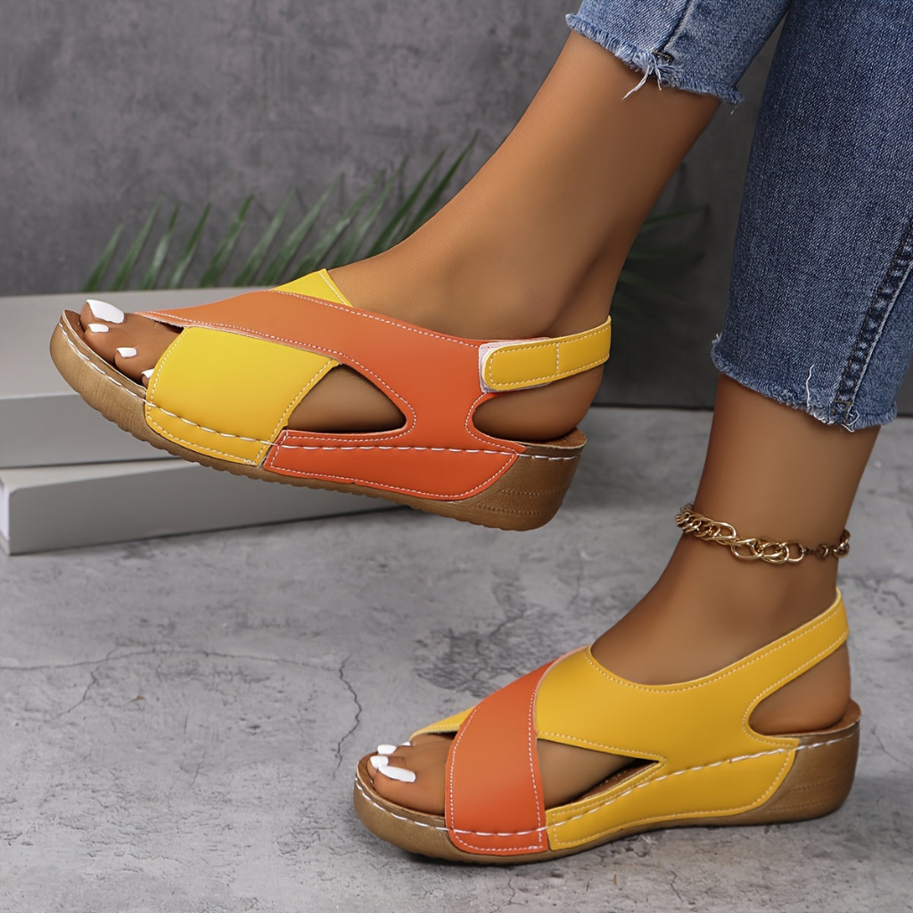 Paxton | Women's Leather Colourblock Cross-Strap Wedge Sandals