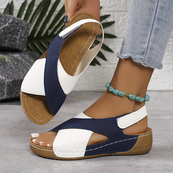 Paxton | Women's Leather Colourblock Cross-Strap Wedge Sandals