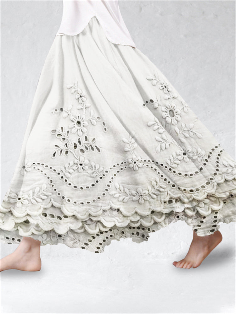 Persephone | Women's Cotton Embroidered Scalloped Maxi Skirt