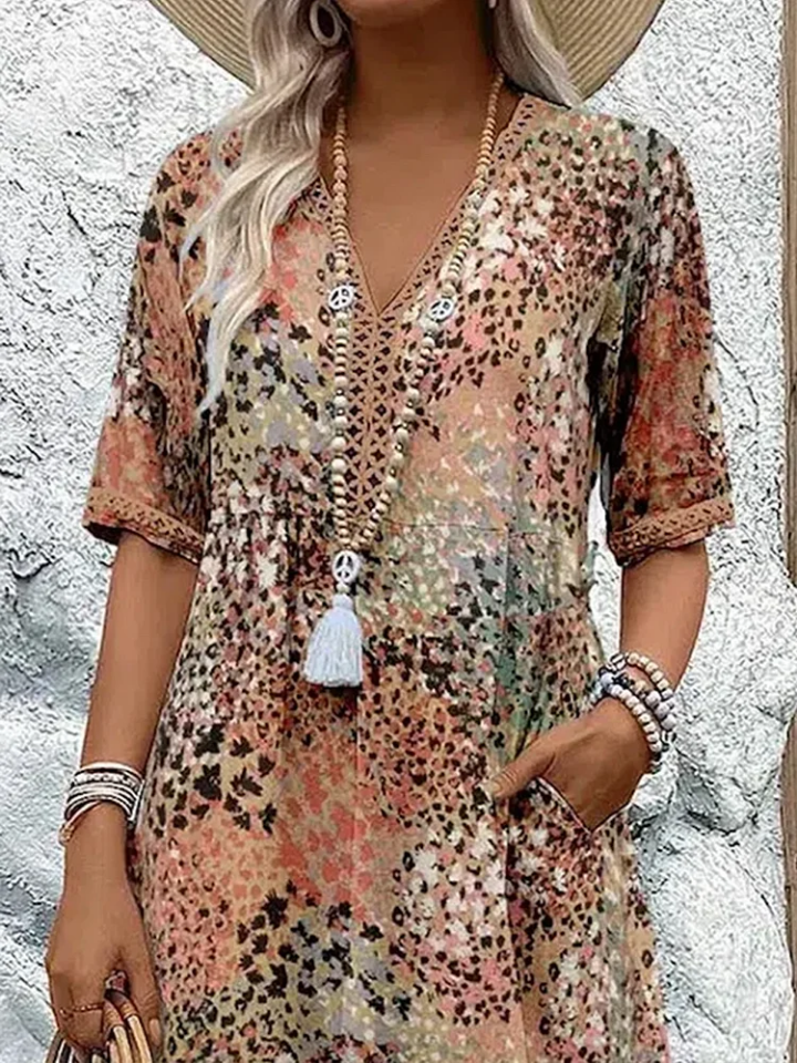 Petra | Women's Cotton Boho Print V-Neck Pocket Midi Dress