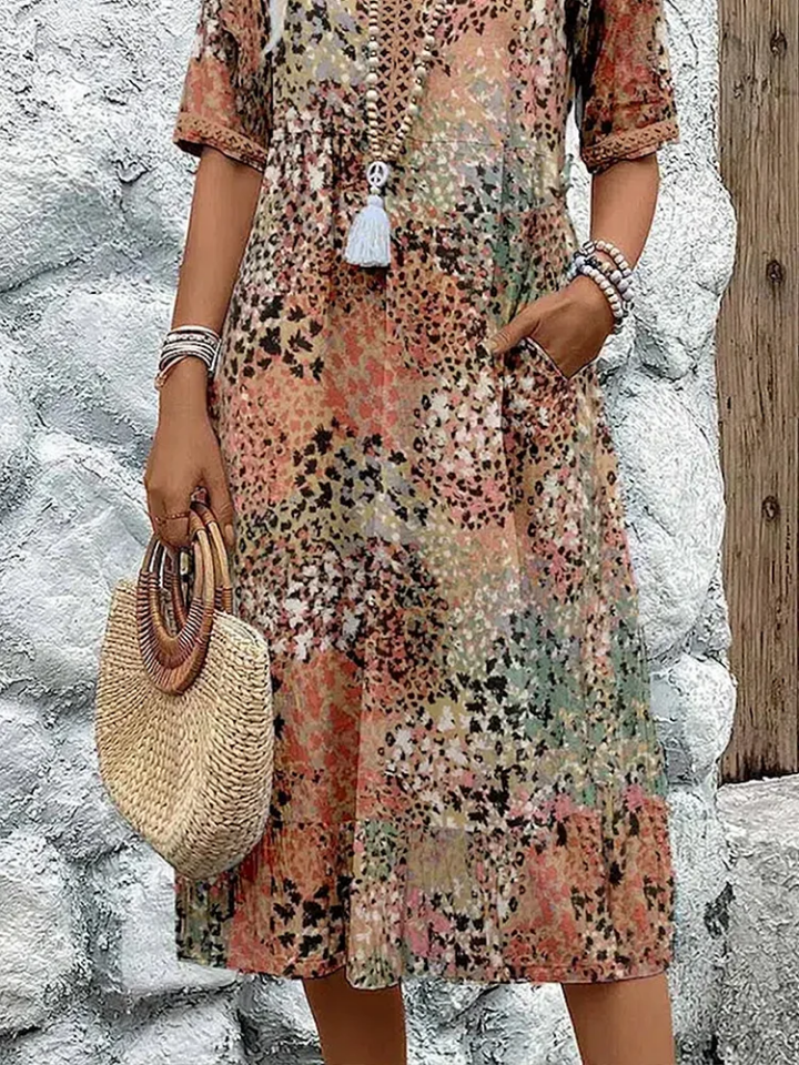 Petra | Women's Cotton Boho Print V-Neck Pocket Midi Dress