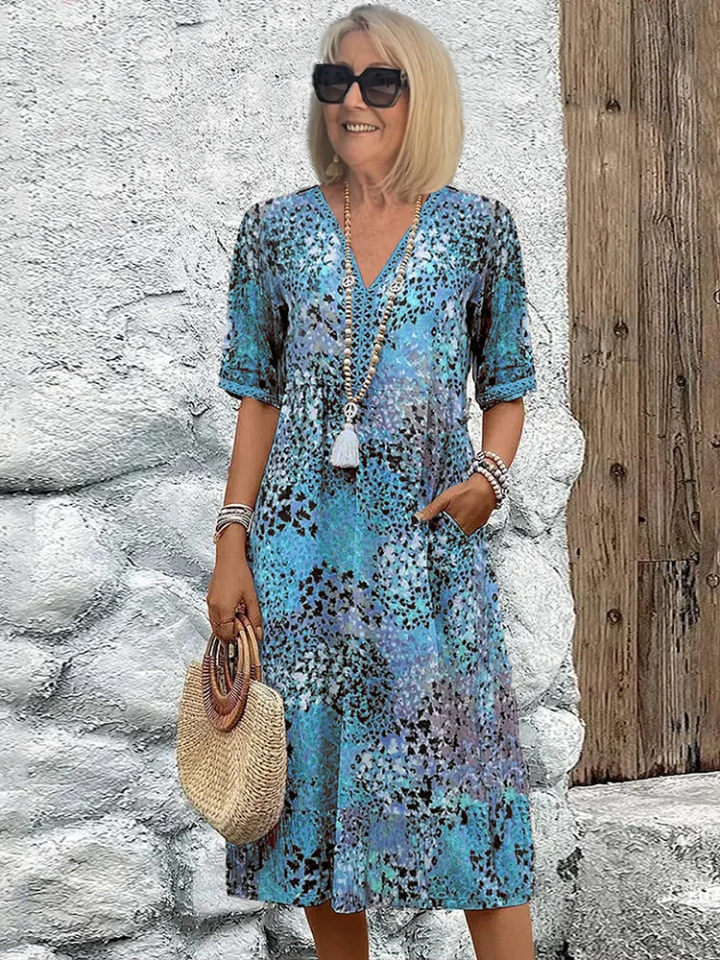 Petra | Women's Cotton Boho Print V-Neck Pocket Midi Dress