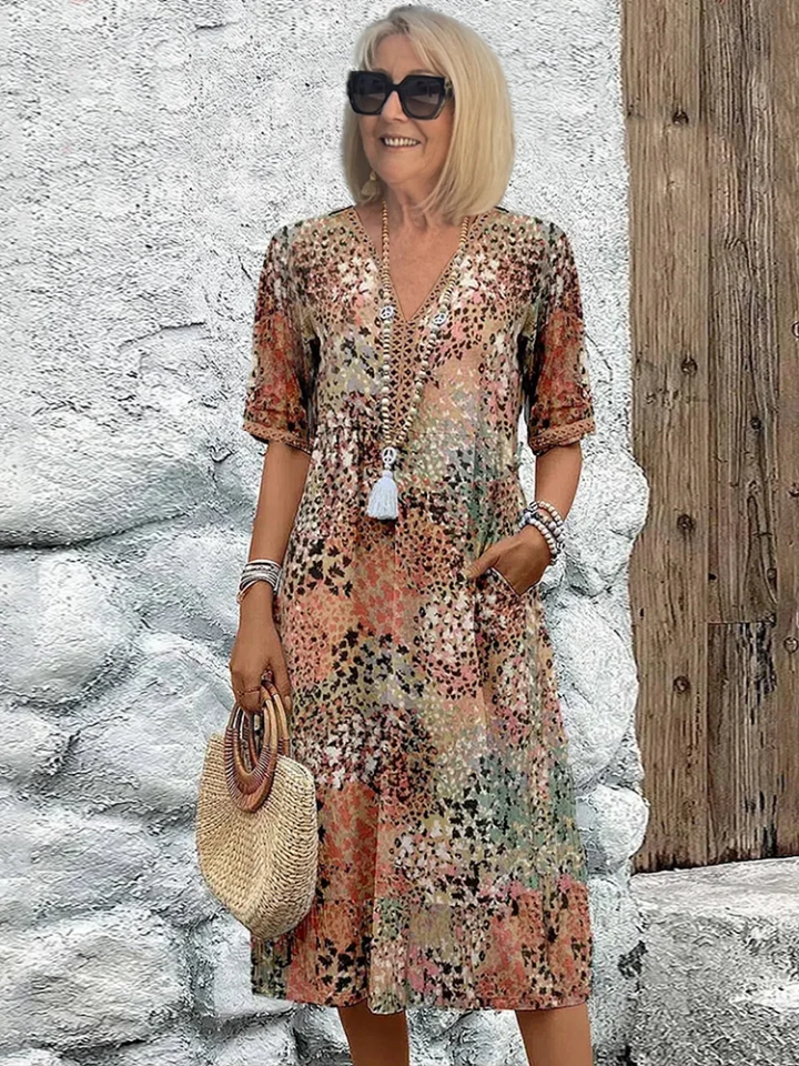 Petra | Women's Cotton Boho Print V-Neck Pocket Midi Dress
