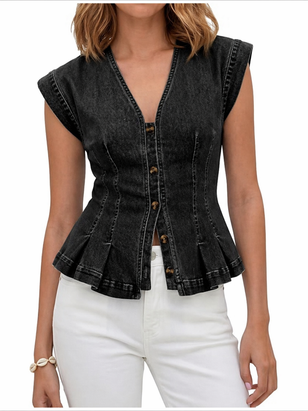 Petra | Women's Denim V-Neck Peplum Button-Down Top