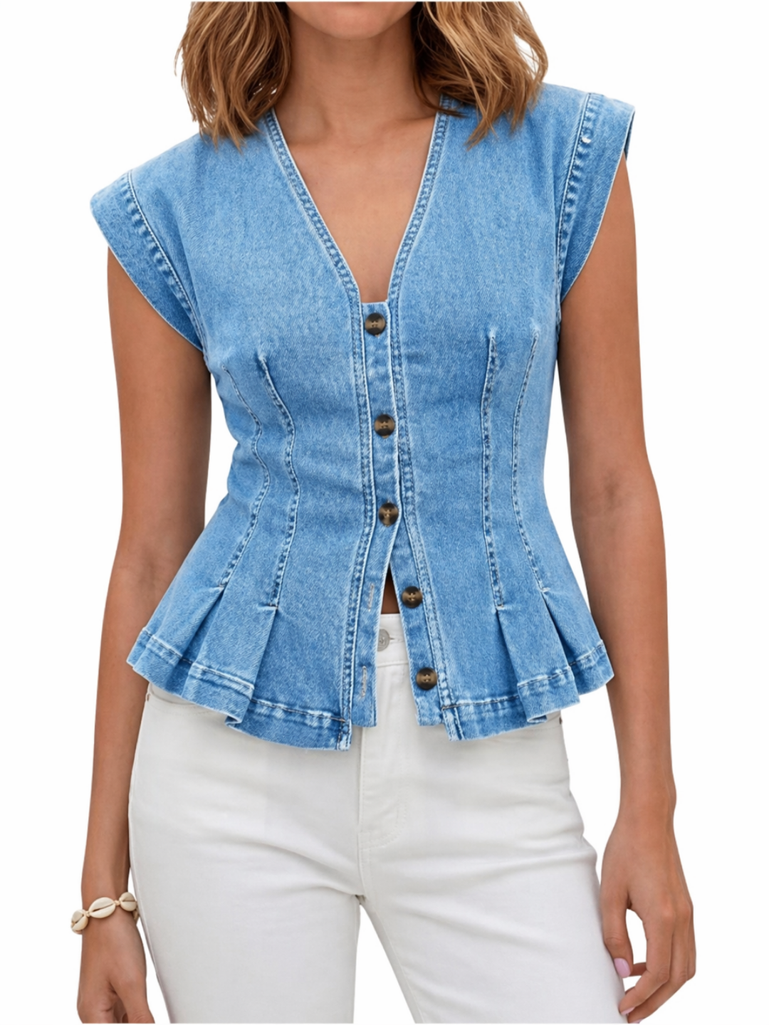 Petra | Women's Denim V-Neck Peplum Button-Down Top