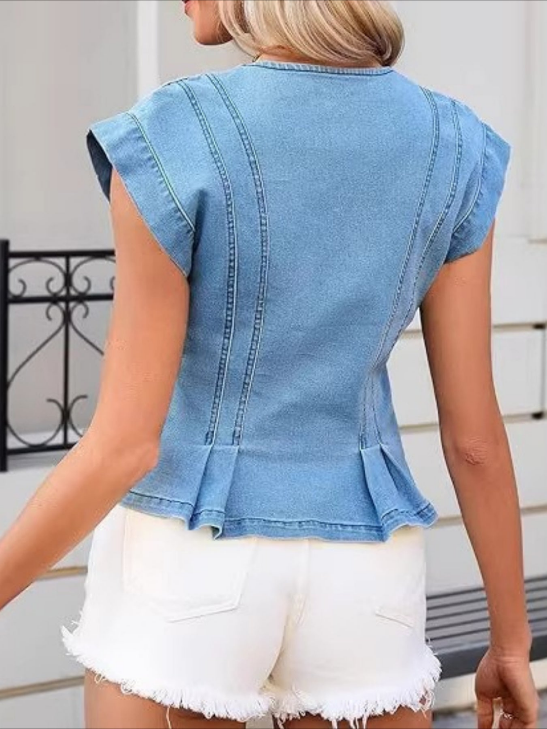 Petra | Women's Denim V-Neck Peplum Button-Down Top