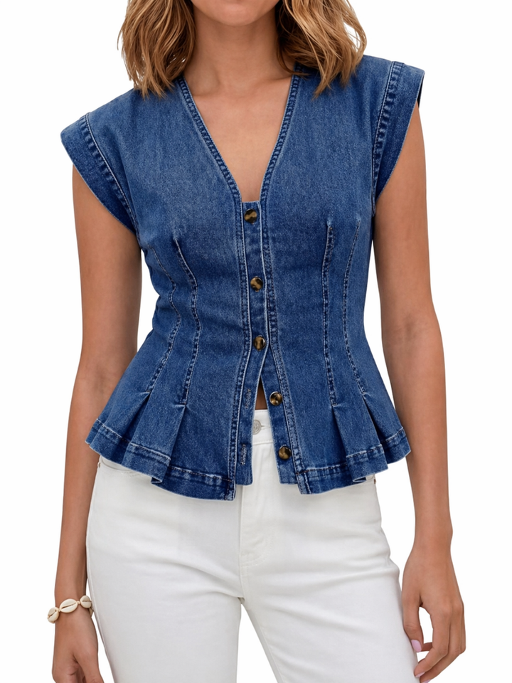 Petra | Women's Denim V-Neck Peplum Button-Down Top