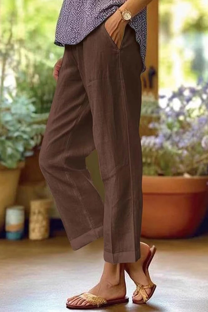 Petra | Women's Linen Cuffed Cropped Tapered Trousers