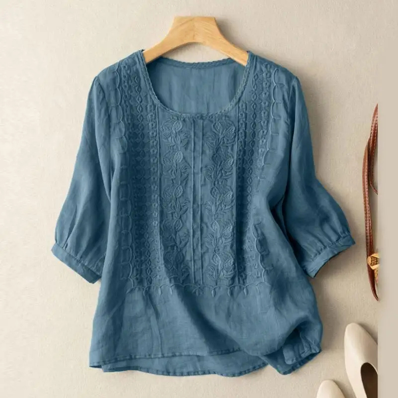 Petra | Women's Linen Textured Batwing 3/4 Sleeve Relaxed Top