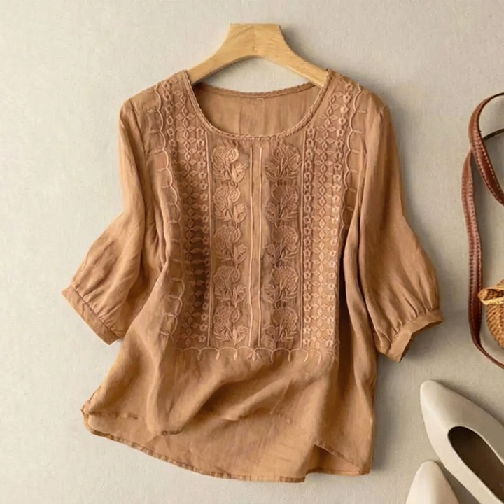 Petra | Women's Linen Textured Batwing 3/4 Sleeve Relaxed Top