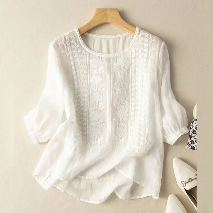 Petra | Women's Linen Textured Batwing 3/4 Sleeve Relaxed Top