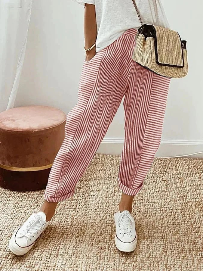 Pippa | Women's Cotton Striped Elasticated Tapered Casual Trousers