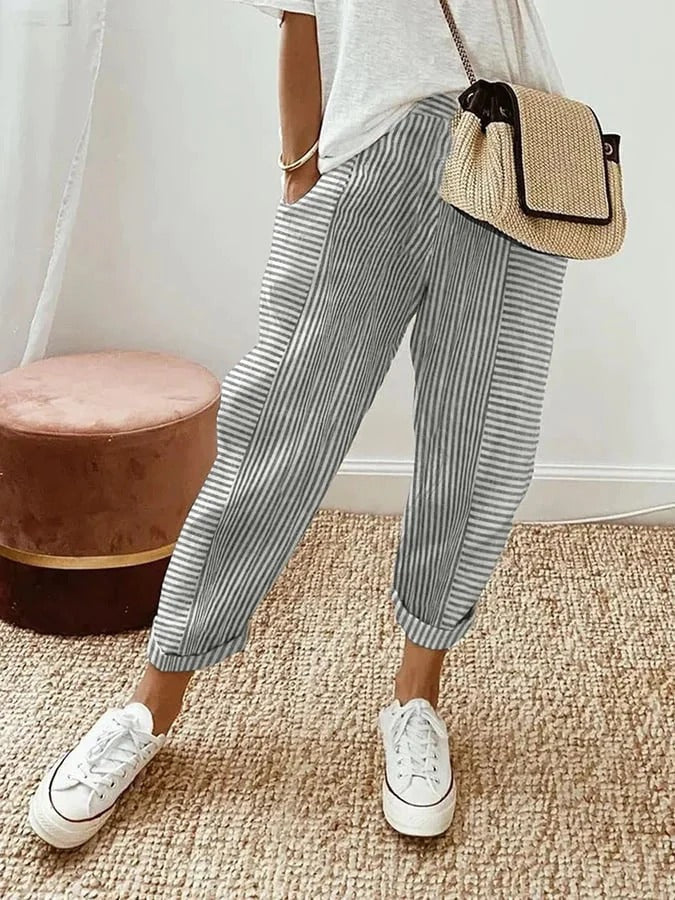Pippa | Women's Cotton Striped Elasticated Tapered Casual Trousers