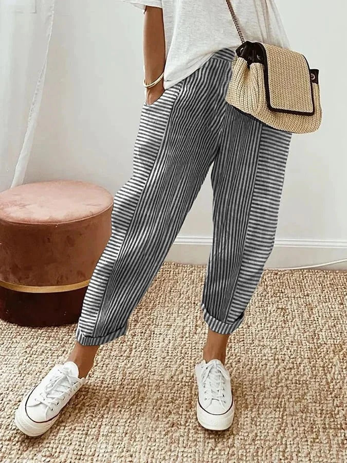 Pippa | Women's Cotton Striped Elasticated Tapered Casual Trousers