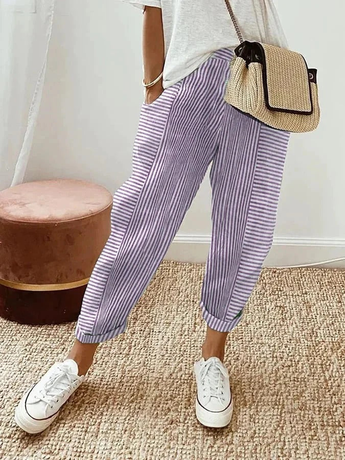 Pippa | Women's Cotton Striped Elasticated Tapered Casual Trousers