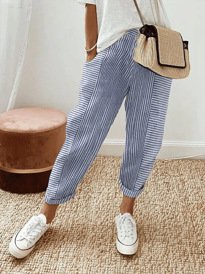 Pippa | Women's Cotton Striped Elasticated Tapered Casual Trousers