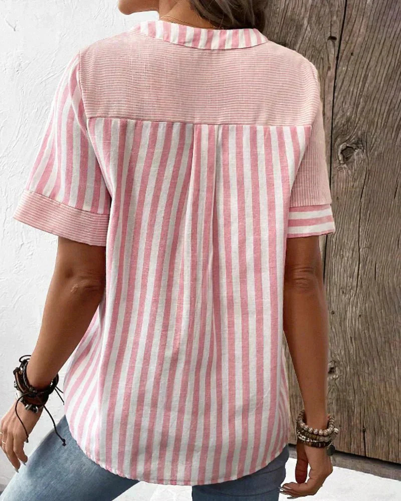 Pippa | Women's Cotton Striped Patchwork Henley Short-Sleeve Top
