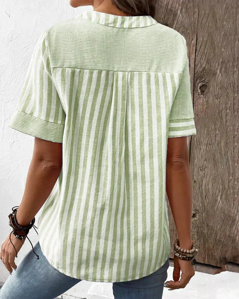 Pippa | Women's Cotton Striped Patchwork Henley Short-Sleeve Top