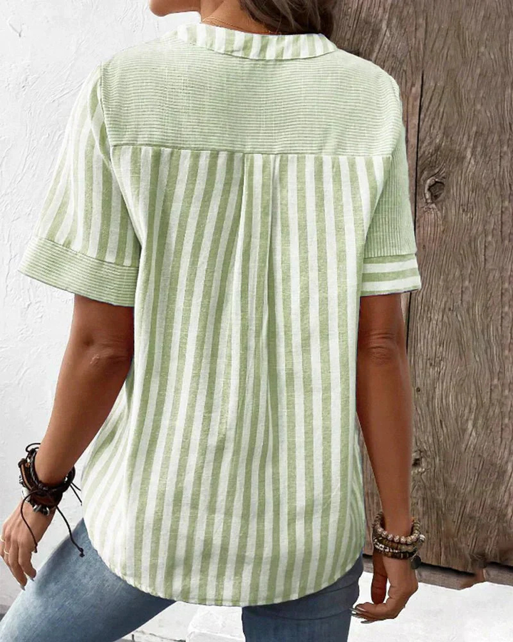 Pippa | Women's Cotton Striped Patchwork Henley Short-Sleeve Top