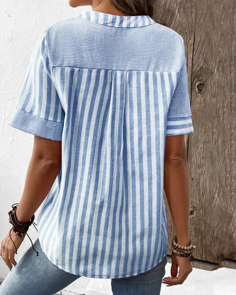 Pippa | Women's Cotton Striped Patchwork Henley Short-Sleeve Top