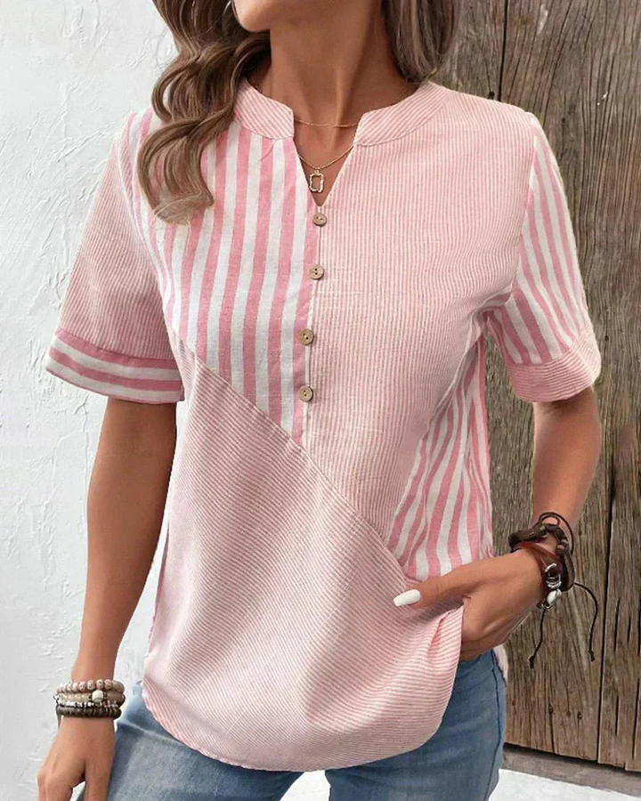 Pippa | Women's Cotton Striped Patchwork Henley Short-Sleeve Top