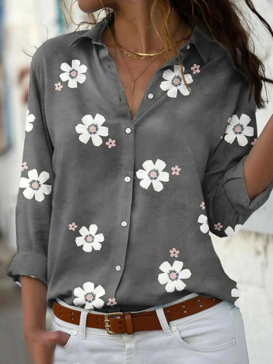 Posey | Women's Lightweight Floral Print Collared Long Sleeve Shirt