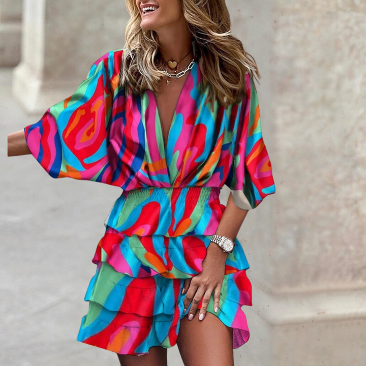 Priya | Women's Chiffon Bold Print Belted Ruffle Mini Dress