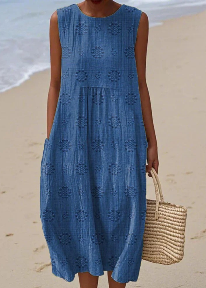 Priya | Women's Linen Embroidered Sleeveless Midi Dress