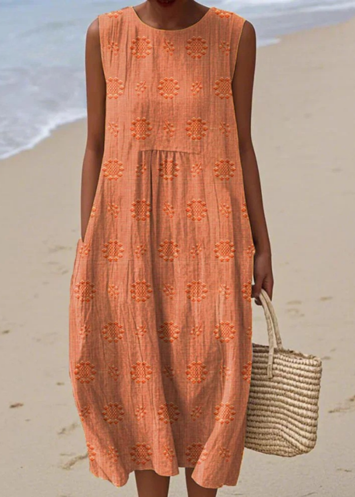 Priya | Women's Linen Embroidered Sleeveless Midi Dress