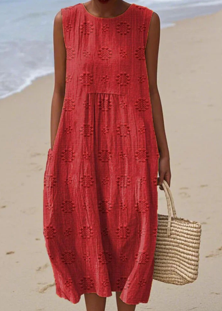 Priya | Women's Linen Embroidered Sleeveless Midi Dress