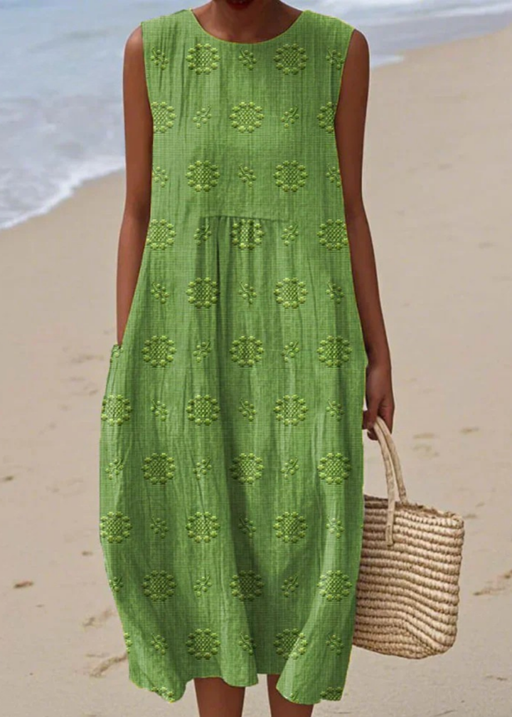 Priya | Women's Linen Embroidered Sleeveless Midi Dress