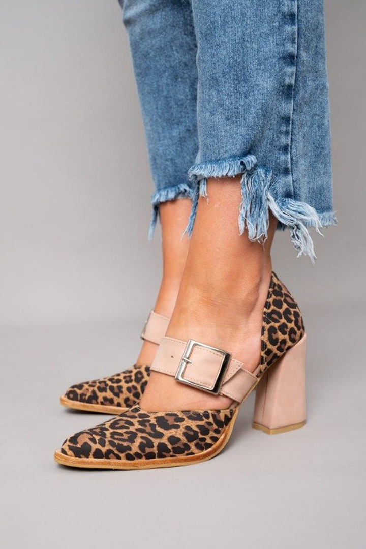 Priya | Women's Suede Leopard Print Clear Strap Block Heel Pumps