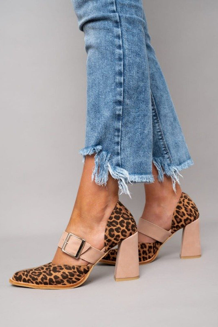 Priya | Women's Suede Leopard Print Clear Strap Block Heel Pumps