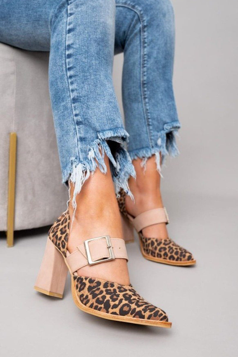 Priya | Women's Suede Leopard Print Clear Strap Block Heel Pumps