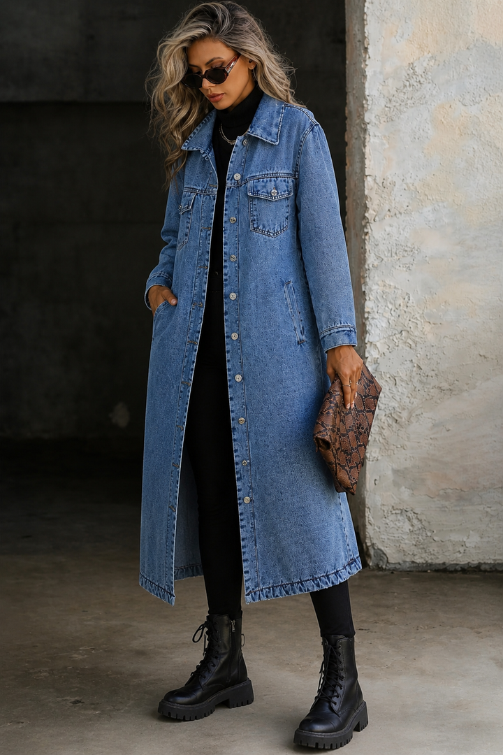 Quinn | Women's Denim Button-Front Long Duster Coat