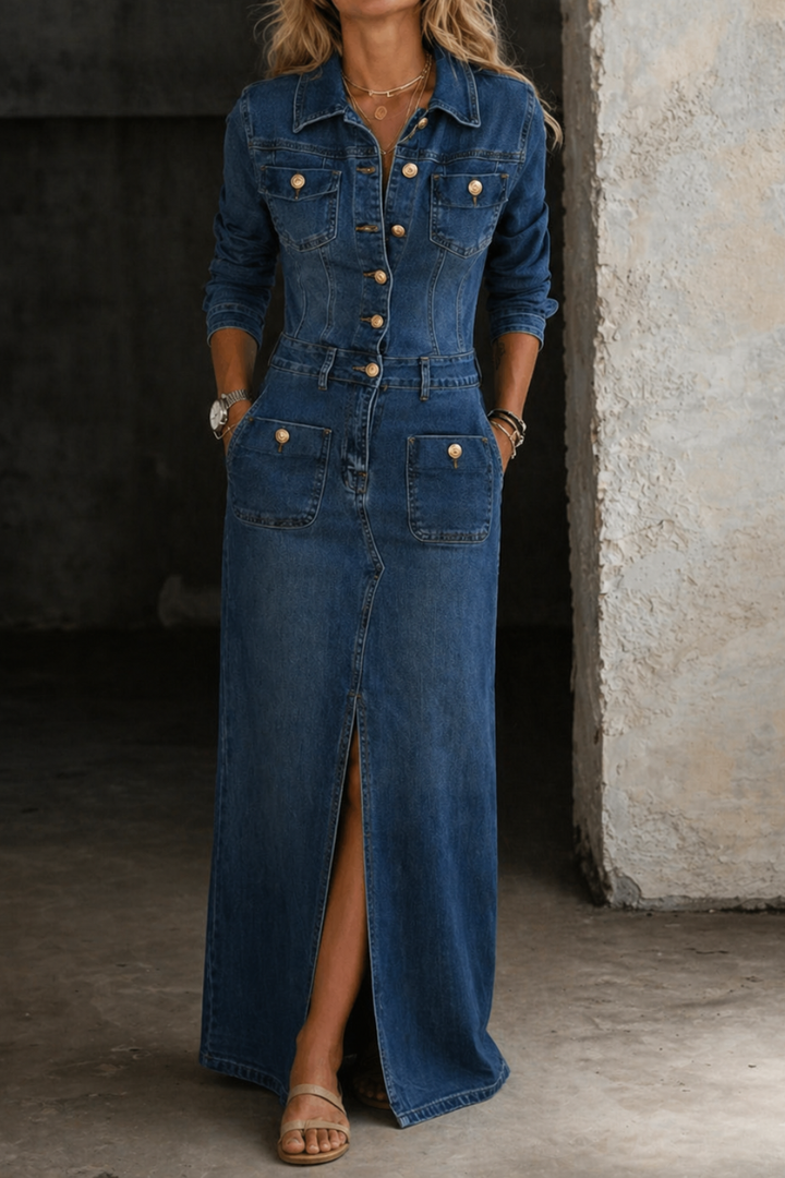 Quinn | Women's Denim Fitted Button-Down Maxi Dress