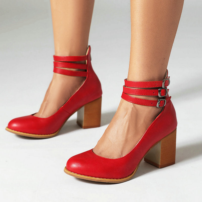 Remi | Women's Leather Block Heel Ankle Strap Pumps