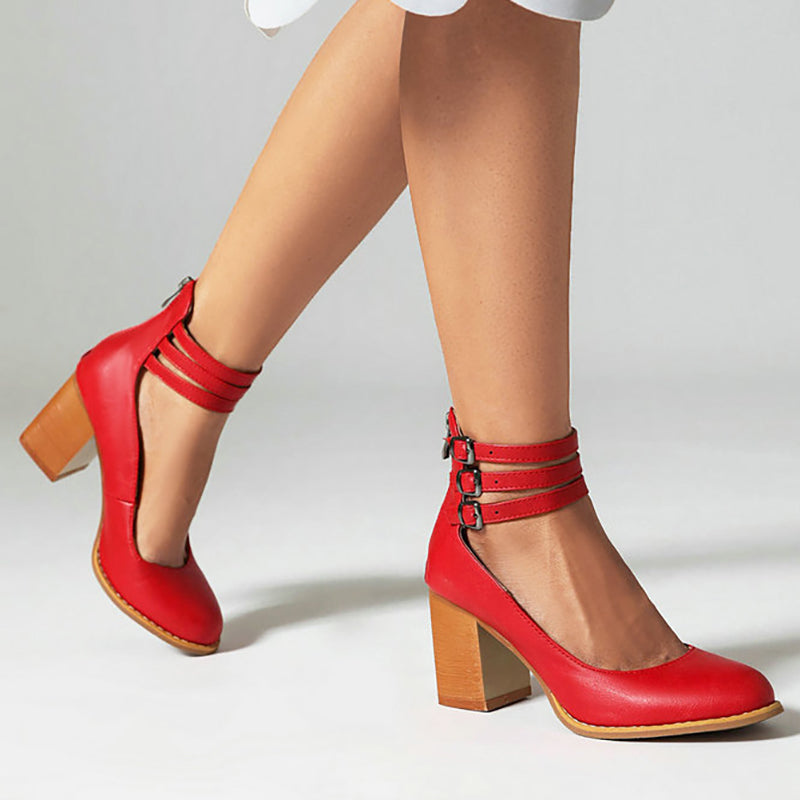 Remi | Women's Leather Block Heel Ankle Strap Pumps