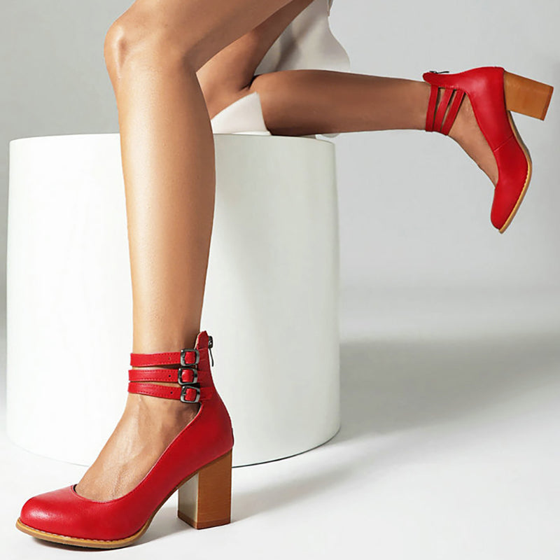 Remi | Women's Leather Block Heel Ankle Strap Pumps