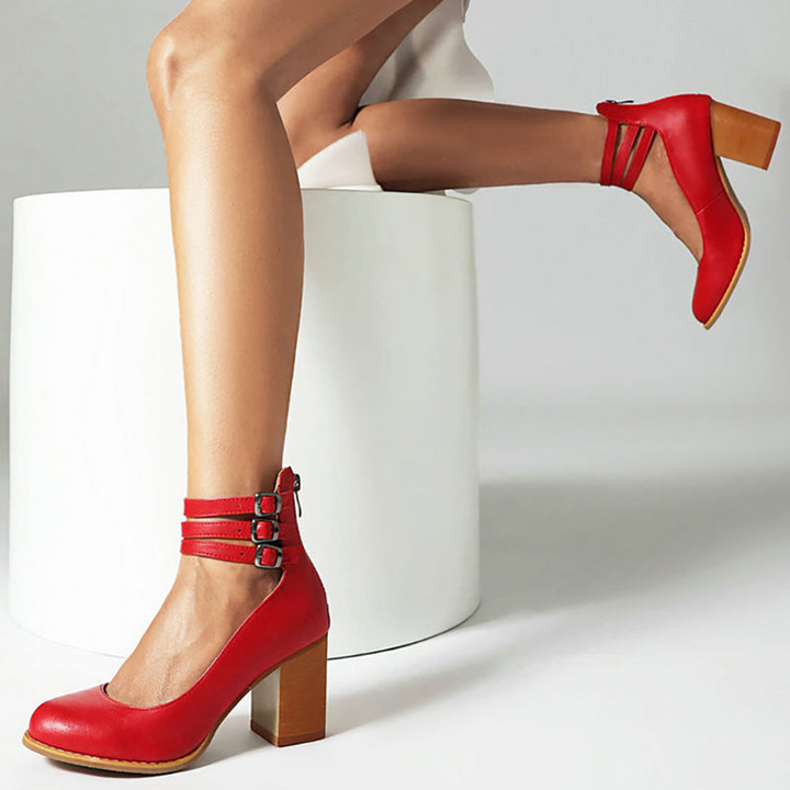 Remi | Women's Leather Block Heel Ankle Strap Pumps